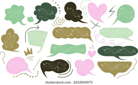 Conjunto de burbujas de discurso de tiza dibujadas a mano. Iconos de cuadro de texto para cómics. Textura grunge en estilo doodle.
