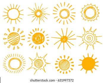 Set of hand drawn chalk sun icons. Vector illustration.