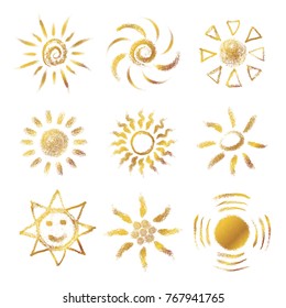 Set of Hand drawn chalk Suns in gold color. Painted with pastel crayons sun icons. Perfect for scrapbooking and card, baby shower invitation and summer poster. Vector illustration