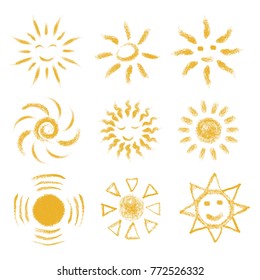 Set of Hand drawn chalk Suns. Painted with pastel crayons sun icons. Perfect for scrapbooking and card, baby shower invitation and summer poster. Vector illustration