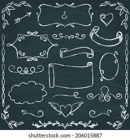 Set of hand drawn chalkboard frames, borders and elements