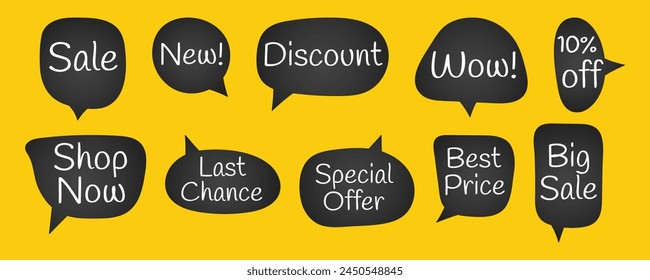 Set of hand drawn chalky speech bubbles with sale text, chatting box, talk bubble, vector illustration, isolated background. Flat doodle style of discount, special offer, best price symbol.