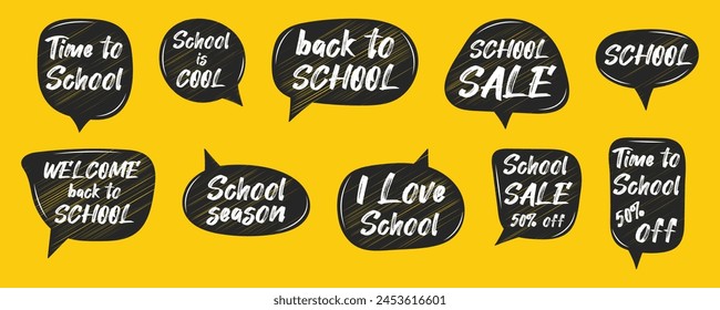 Set of hand drawn chalky vector speech bubbles, back to school, sale text, chatting box, talk bubble, isolated background. Flat doodle style of discount, special offer, best price