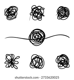 Set of hand drawn chaotic scribble lines and tangled circular shapes