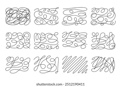 Conjunto de ondas caóticas dibujadas a mano, remolinos, líneas negras, nudos, patrones. Ilustración vectorial de textura abstracta en estilo plano sobre fondo aislado blanco.