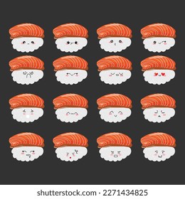 Set of hand drawn character sushi cartoon expression different object vector illustration