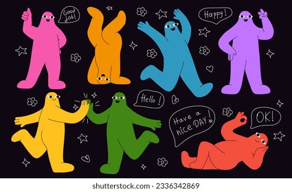 Set of hand drawn characters. Back in 80s and 90s, era hippie. Abstract creativity and art. Emotions and feelings, mood. Cartoon flat vector collection isolated on black background