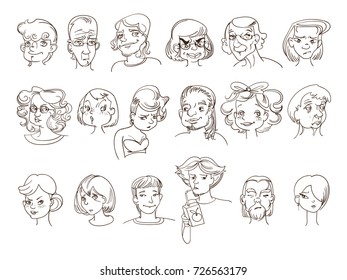 Set of hand drawn characters. Heads, face expressions.