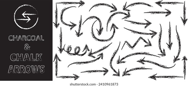 Set of hand drawn charcoal black arrows. Hand drawn cursor icon, Doodle Grunge arrow set. Brush arrows vector. Sketch arrow, chalk arrows signs, isolated arrows.  vector illustration.