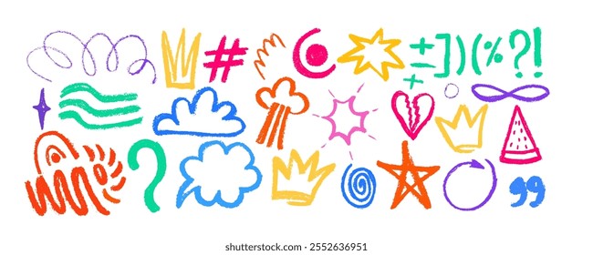 Set of hand drawn  charcoal doodle shapes and squiggles in punk style. Crown, star, arrow, heart and cloud doodle collage elements.