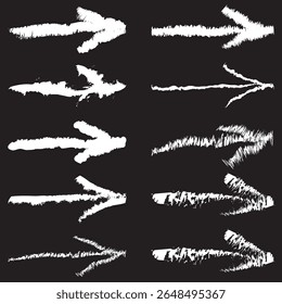 Set of hand drawn charcoal fun black arrows. Hand painting design elements. Vector collection on white background.