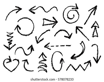 Set of hand drawn charcoal fun black arrows. Hand painting design elements. Vector collection on white background.