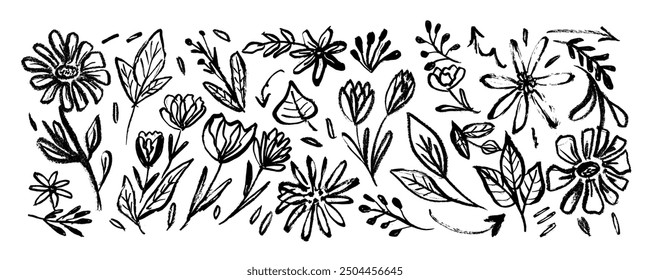 Conjunto de flores y plantas dibujadas a mano del garabato del lápiz del carbón en estilo infantil.   Flores dibujadas al carbón. Ornamento botánico de Vector con motivo floral contemporáneo