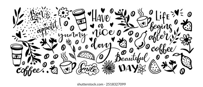 Conjunto de citas de carbón dibujadas a mano en estilo doodle . Sonríe, el café siempre es una buena idea, es un día hermoso, frases para tarjeta o cartel. Cita inspiradora de Vector. Ilustración de tinta. 