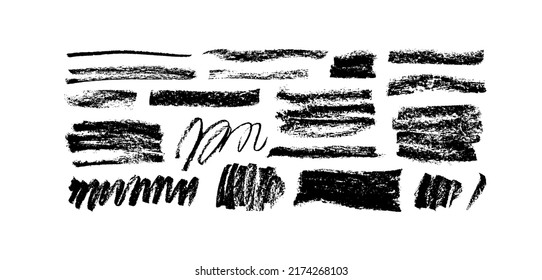 Conjunto de líneas de garabato de carbón dibujadas a mano aisladas en blanco. Dibujos de estilo Doodle. Lápiz negro seco o cizaña. Colección vectorial de trazos negros con grillos. Dibujos de lápiz oscuro