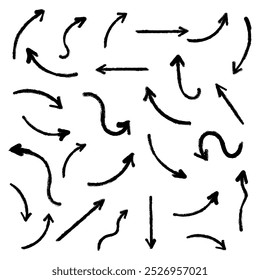 Set of hand drawn charcoal texture arrows. Black illustration, isolated vector.