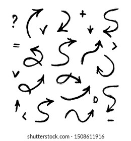 Set of hand drawn charcoal  textured arrows and math signs isolated on a white background. Vector illustration. 