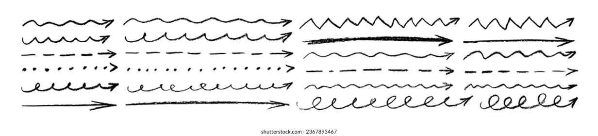 Set of hand drawn charcoal thin long arrows. Horizontal vector arrows collection. Crayon or pencil underlines. Doodle marker drawing. Hand drawn diagrams, mind maps and communication highlights.