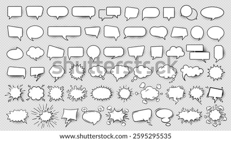 Set of hand drawn chat balloon, comic speech bubble icon, dialogue frame, message idea, quote, or cloud information sticker, cartoon text box symbol silhouette with halftone for social media business.