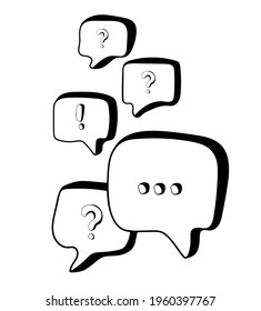 Set of hand drawn chat icons in doodle style. Speech message bubbles with question and exclamation marks Isolated on white background. From icons. Communication concept. Design for web and apps.
