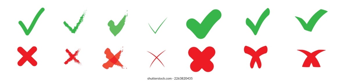 Set of hand drawn check and cross sign elements isolated on white background. Grunge doodle green checkmark OK and red X in different icons. Vector illustration