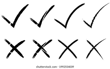 Set hand drawn check mark, tick and cross brush signs, checkmark OK and X icons, symbols YES and NO button, checkbox chalk icons, sketch checkmarks, checklist marks