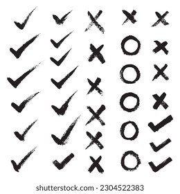 Set hand drawn check mark, tick and cross brush signs with canvas texture. Vector icon set. 