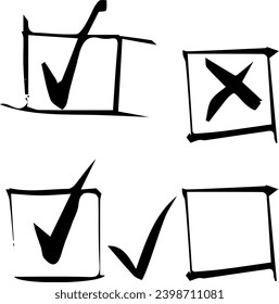 Establecer marca de verificación dibujada a mano. Tiza dibujada a mano y apodo escrito a mano. Marcador de resaltado conjunto sí calidad e icono. Icono de marcador de trazos de pincel.