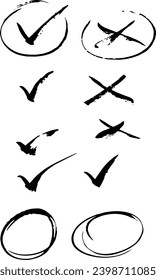 Establecer marca de verificación dibujada a mano. Tiza dibujada a mano y apodo escrito a mano. Marcador de resaltado conjunto sí calidad e icono. Icono de marcador de trazos de pincel.