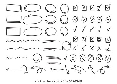 Conjunto de marcas de verificación dibujadas a mano con diferentes flechas y subrayados circulares. Rayas marcadoras dibujadas a mano. Doodle v checklist marca el conjunto de iconos. Ilustración vectorial.