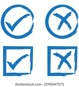 
Set hand drawn check mark, tick and cross brush signs with canvas texture. Vector icon set.  1176