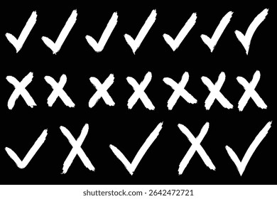 Met de hand getekende vinkjes, vinkjes en kruisborsteltekens, vinkjes OK en X pictogrammen, symbolen JA en NEE knop. Penseelstijl vinkje en kruissymbolen.