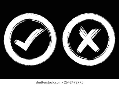 Met de hand getekende vinkjes, vinkjes en kruisborsteltekens, vinkjes OK en X pictogrammen, symbolen JA en NEE knop. Penseelstijl vinkje en kruissymbolen.