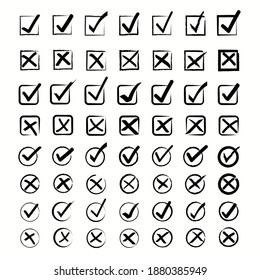 Set of hand drawn check marks, true or false sign icon of black color.