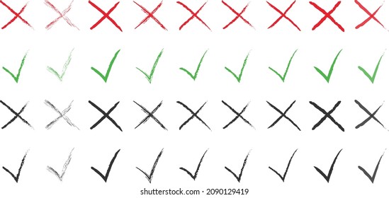 conjunto de marcas de verificación dibujadas a mano marca sí no. aislado en fondo blanco. Conjunto de iconos de marcas de lista de verificación de vectores. Ilustración del vector