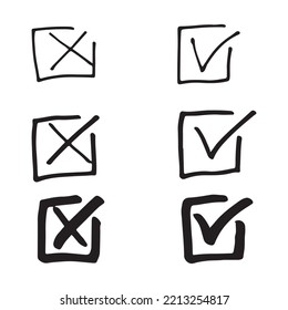 set of hand drawn check marks. checklist marks icon. doodle vector illustration.