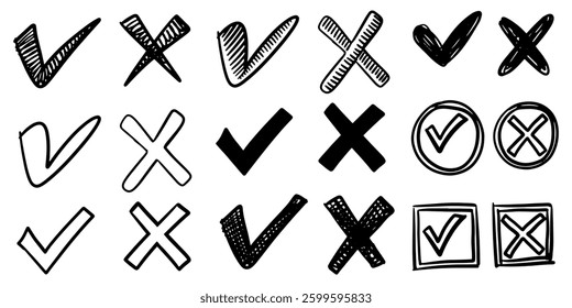 set of hand drawn check marks. checklist marks icon. doodle vector illustration.