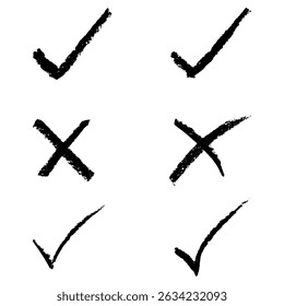 Set of hand drawn check marks and cross marks with brush texture. Black brush stroke tick and X symbols. Vector illustration for UI design, web, infographics, or graphic projects.