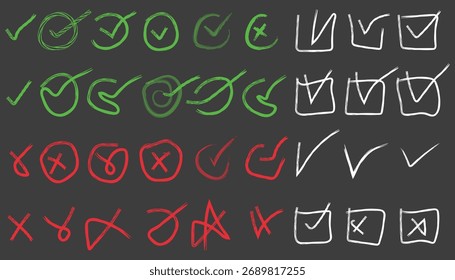 Set of Hand Drawn Check Marks and Crosses on dark background