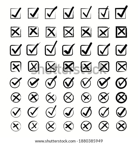 Set of hand drawn check marks, true or false sign icon of black color.