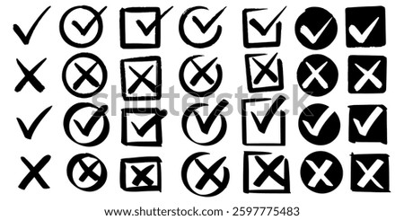 set of hand drawn check marks. checklist marks icon. doodle vector illustration.