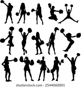 Set of hand drawn cheerleader full body silhouette illustration. Girl pose cheerleading isolated on white.