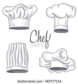 Set of hand drawn chef hat on white. Cooking caps drawings isolated on white background. vector illustration