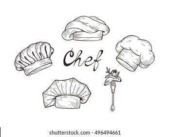 Set Of Hand Drawn Chef Hats And Caps In Different Shapes