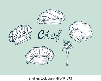 Set of Hand drawn Chef Hats and Caps in different shapes