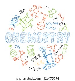 set of hand drawn chemistry doodles shaped in circle. vector illustration