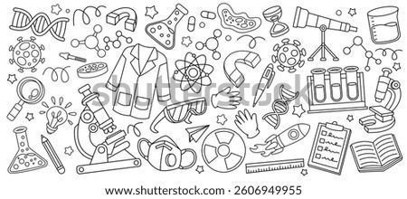 Set of hand drawn chemistry and science doodle element. Laboratory vector illustration