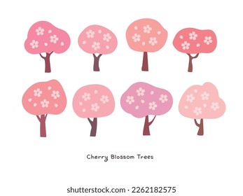 Set of hand drawn cherry blossom trees in full bloom