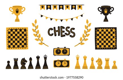 Set of hand drawn chess pieces, checkerboard, cup, flags, cup and laurel. Black and yellow isolated icons for the design of sports projects and competitions. Vector illustration.