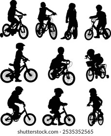 Set of hand drawn child riding a bike silhouette illustration